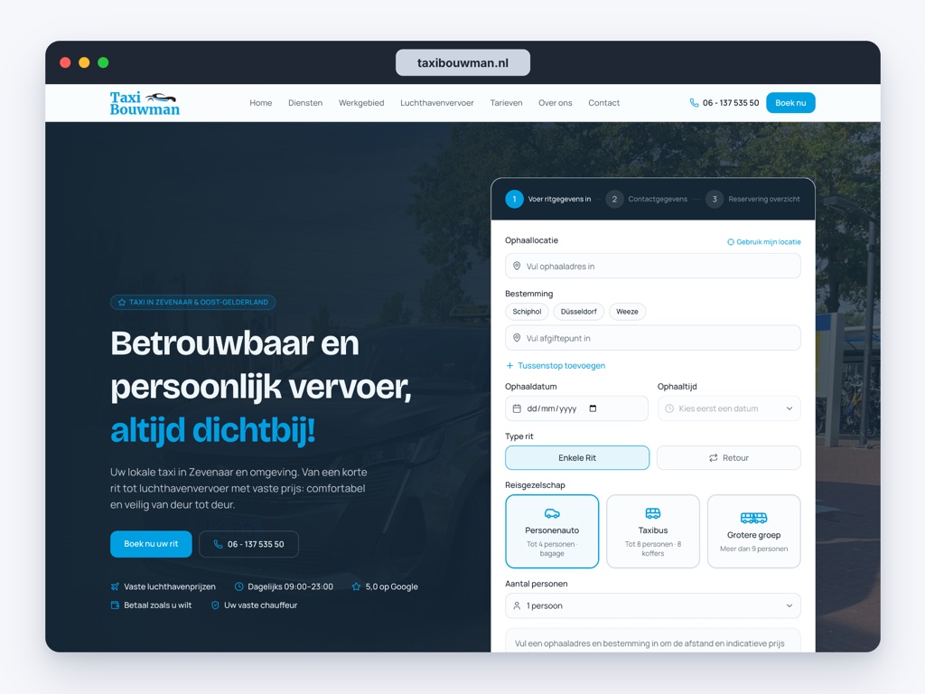 Voorbeeldwebsite Taxi Bouwman Zevenaar